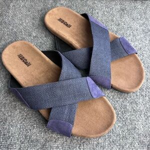 HBCali men’s suede and linen slide slip on sandals sz 12 navy blue slippers NWOT